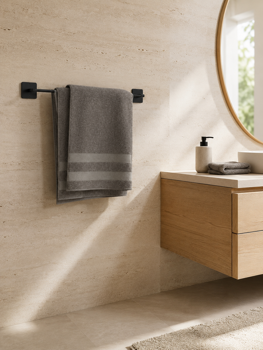 Yapışkanlı Siyah Metal Uzun Banyo Havluluğu 43 cm